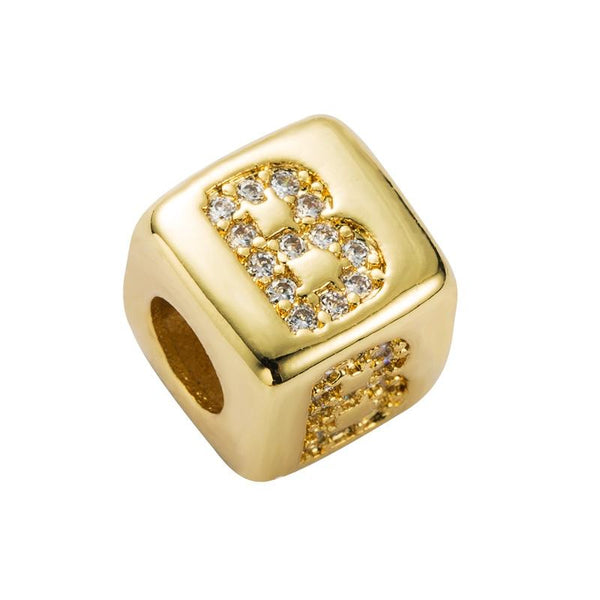 Gold Colour Letter Initial Copper Zircon CZ Bead Charm Bracelet Necklace B