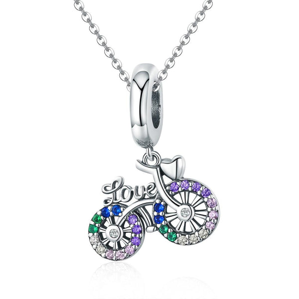 Bike Bicycle Sterling Silver Zircon CZ Pendant Chain Bead Charm Bracelet Necklace