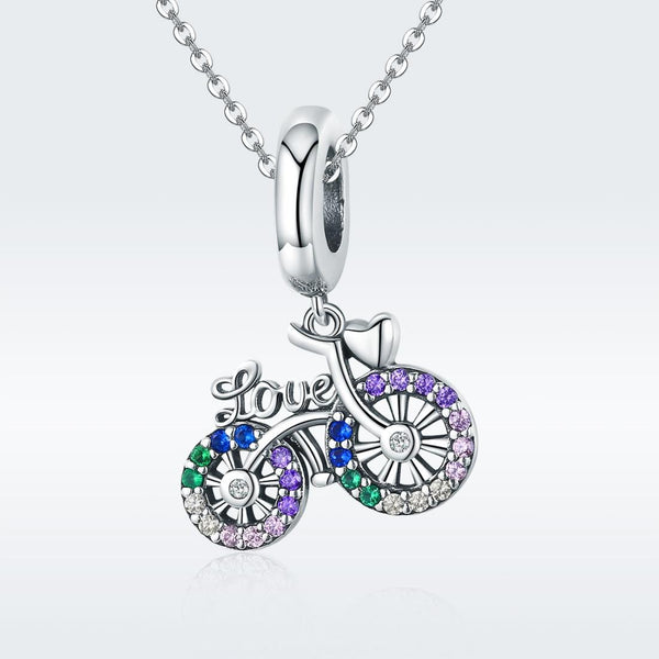 Bike Bicycle Sterling Silver Zircon CZ Pendant Chain Bead Charm Bracelet Necklace