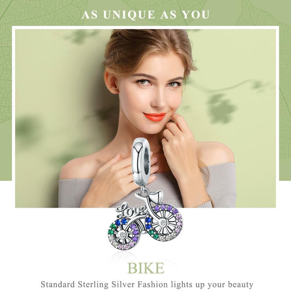 Bike Bicycle Sterling Silver Zircon CZ Pendant Chain Bead Charm Bracelet Necklace