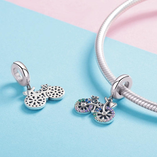 Bike Bicycle Sterling Silver Zircon CZ Pendant Chain Bead Charm Bracelet Necklace