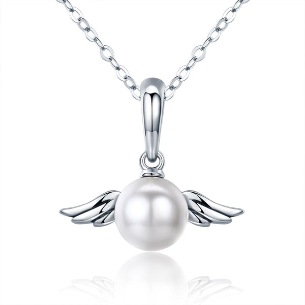 Angel Wing Faux Pearl Sterling Silver Pendant Chain Necklace