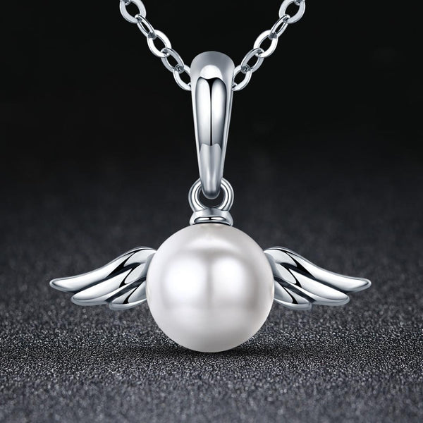 Angel Wing Faux Pearl Sterling Silver Pendant Chain Necklace