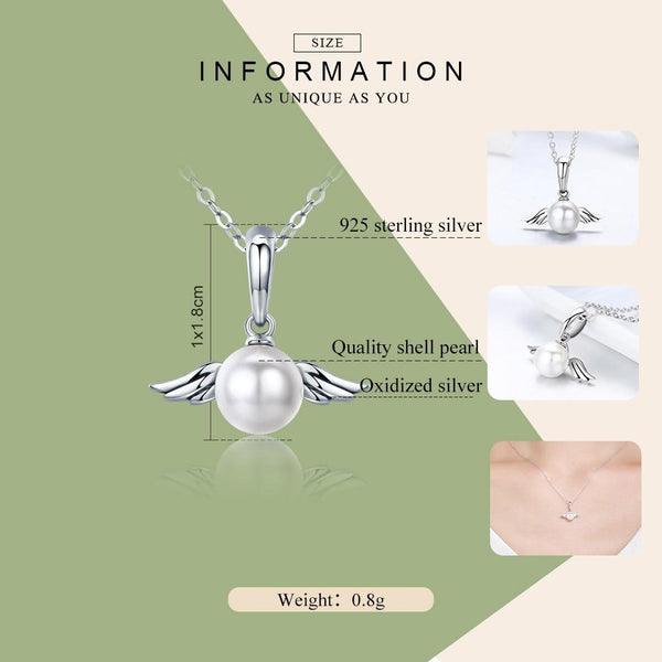 Angel Wing Faux Pearl Sterling Silver Pendant Chain Necklace
