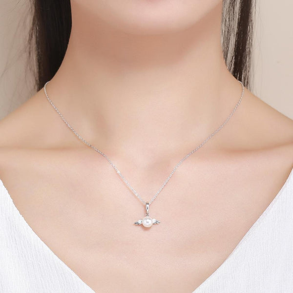 Angel Wing Faux Pearl Sterling Silver Pendant Chain Necklace