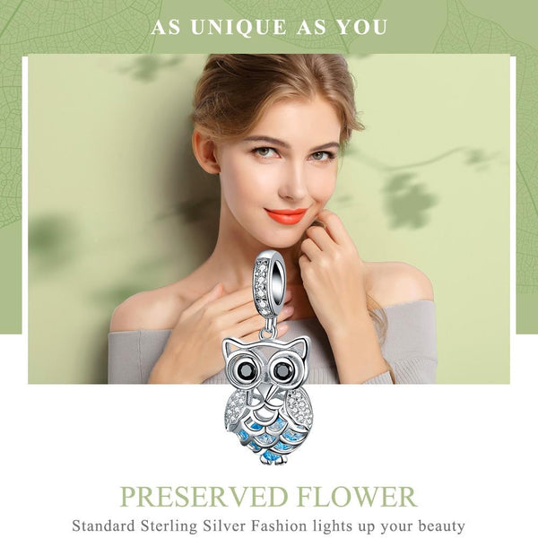 Owl Sterling Silver Zircon CZ Pendant With Chain Bead Charm Bracelet Necklace