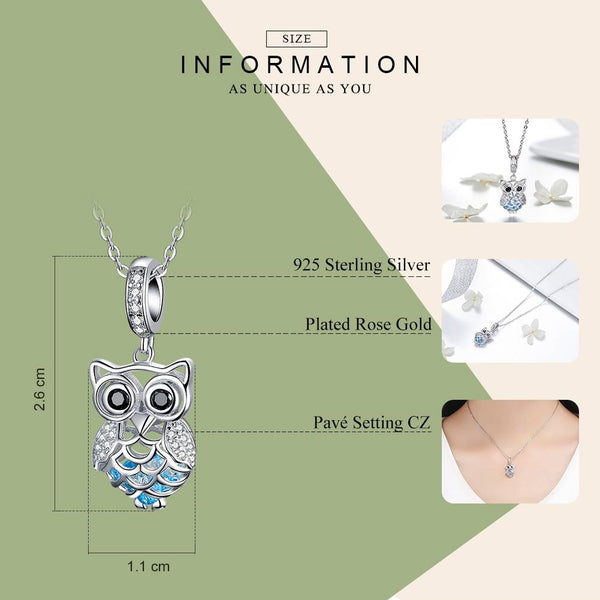 Owl Sterling Silver Zircon CZ Pendant With Chain Bead Charm Bracelet Necklace