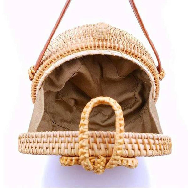 Handmade Round Rattan Crossbody Shoulder Bag Handbag Purse 20 x 20 x 8cm