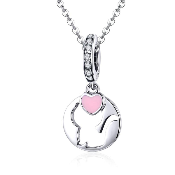 Love Heart Cats Enamel Sterling Silver Zircon CZ Pendant Chain Necklace