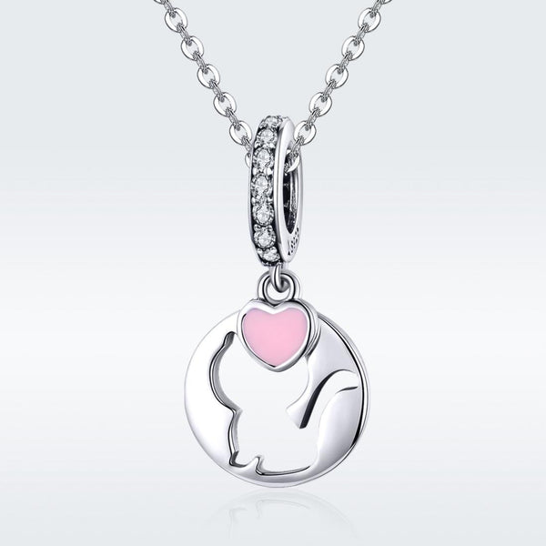 Love Heart Cats Enamel Sterling Silver Zircon CZ Pendant Chain Necklace