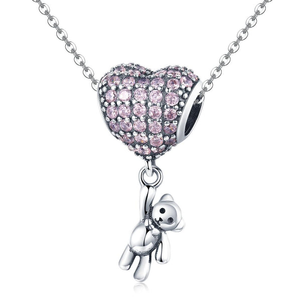 Bear Balloon Heart Sterling Silver Zircon CZ Pendant Chain Bead Charm Bracelet Necklace
