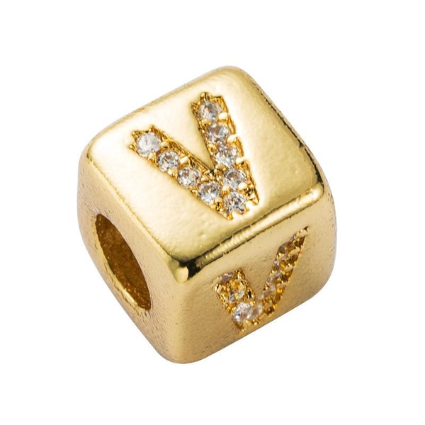 Gold Colour Letter Initial Copper Zircon CZ Bead Charm Bracelet Necklace V