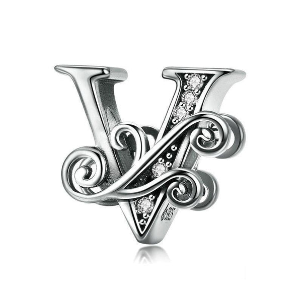 Initial Letter Gothic Victorian Sterling Silver Zircon CZ Bead Charm Bracelet V
