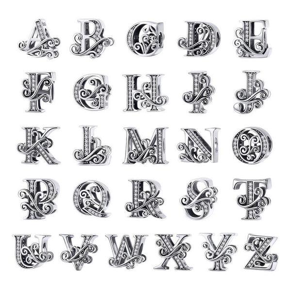 Initial Letter Gothic Victorian Sterling Silver Zircon CZ Bead Charm Bracelet V