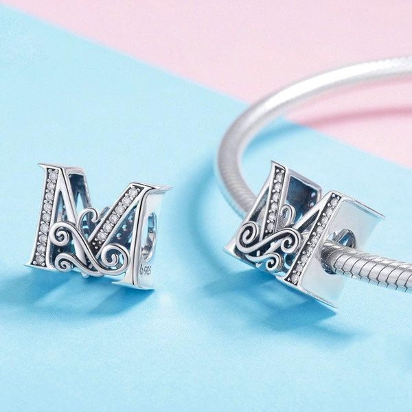 Initial Letter Gothic Victorian Sterling Silver Zircon CZ Bead Charm Bracelet V