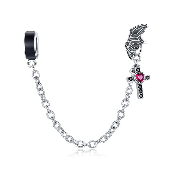 Wing Cross Heart Enamel Sterling Silver Zircon CZ Safety Chain Bracelet