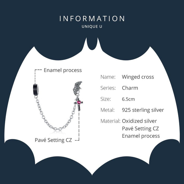 Wing Cross Heart Enamel Sterling Silver Zircon CZ Safety Chain Bracelet