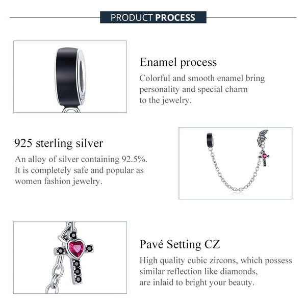 Wing Cross Heart Enamel Sterling Silver Zircon CZ Safety Chain Bracelet