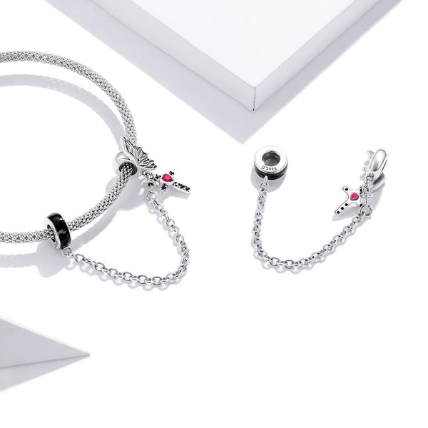 Wing Cross Heart Enamel Sterling Silver Zircon CZ Safety Chain Bracelet