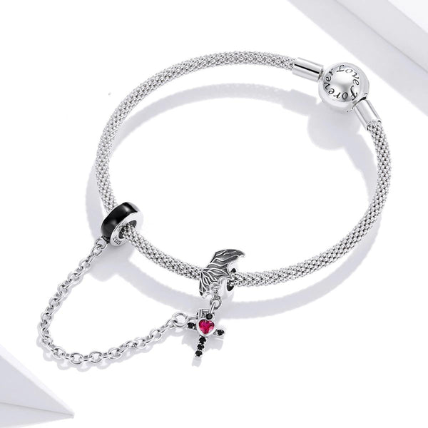 Wing Cross Heart Enamel Sterling Silver Zircon CZ Safety Chain Bracelet