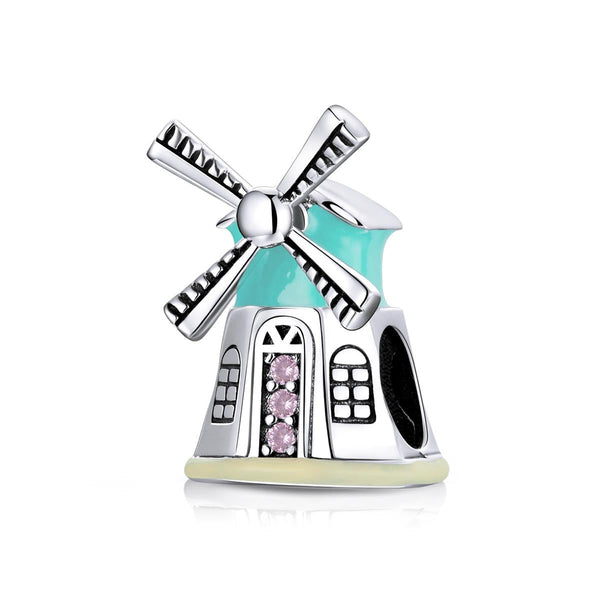 Windmill Enamel Sterling Silver Zircon CZ Bead Charm Pendant Bracelet Necklace
