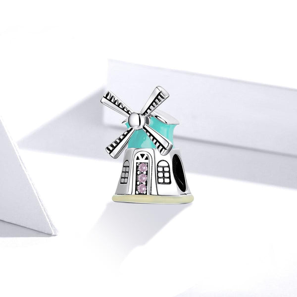 Windmill Enamel Sterling Silver Zircon CZ Bead Charm Pendant Bracelet Necklace