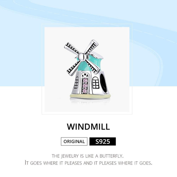 Windmill Enamel Sterling Silver Zircon CZ Bead Charm Pendant Bracelet Necklace