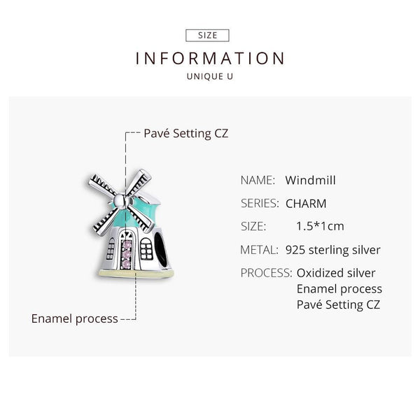 Windmill Enamel Sterling Silver Zircon CZ Bead Charm Pendant Bracelet Necklace