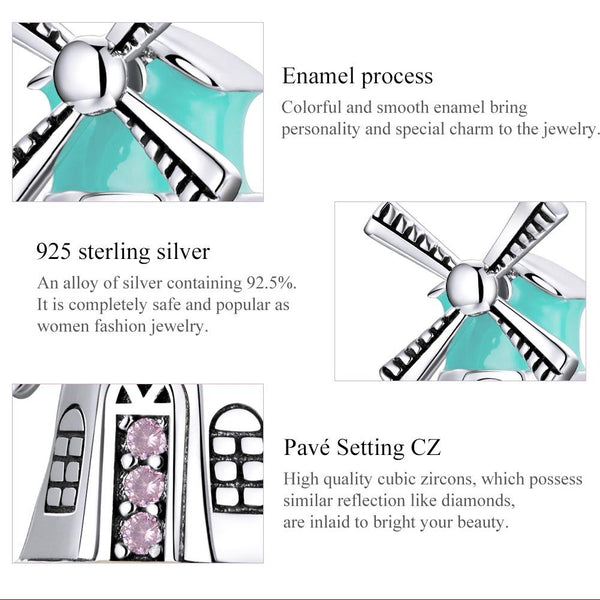 Windmill Enamel Sterling Silver Zircon CZ Bead Charm Pendant Bracelet Necklace