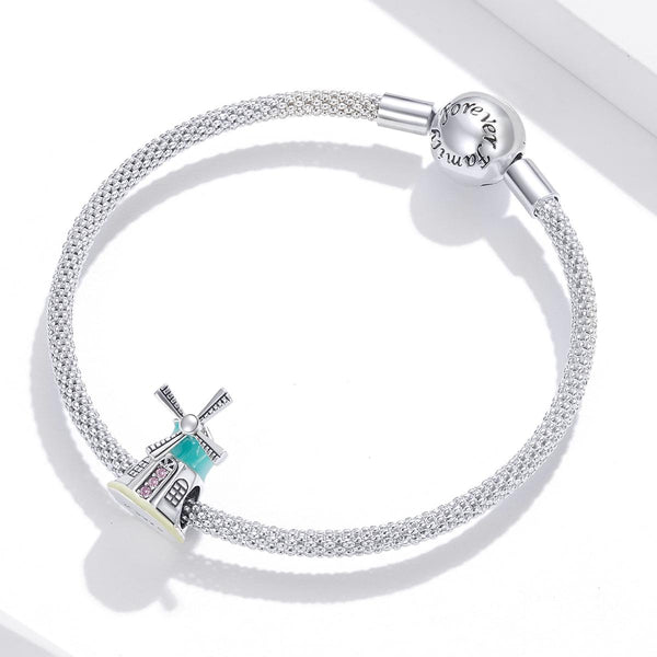 Windmill Enamel Sterling Silver Zircon CZ Bead Charm Pendant Bracelet Necklace
