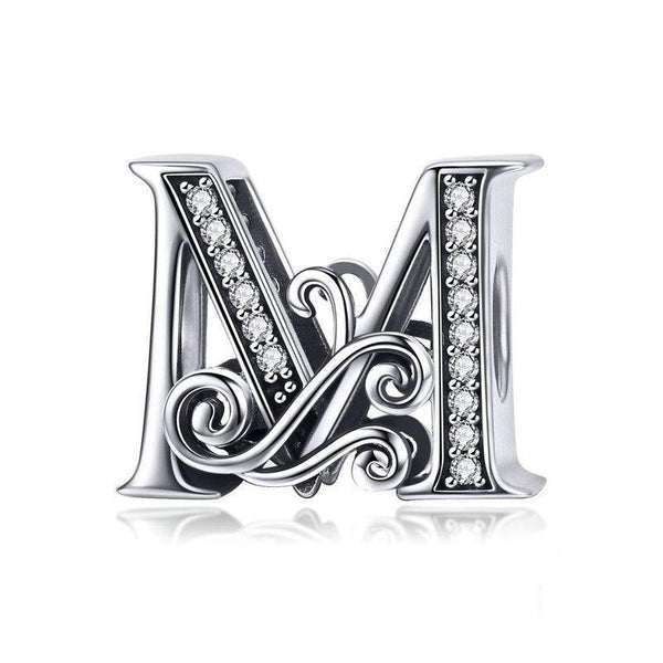 Initial Letter Gothic Victorian Sterling Silver Zircon CZ Bead Charm Bracelet M