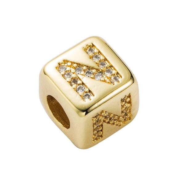 Gold Colour Letter Initial Copper Zircon CZ Bead Charm Bracelet Necklace N