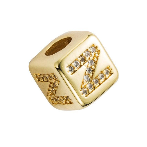 Gold Colour Letter Initial Copper Zircon CZ Bead Charm Bracelet Necklace N