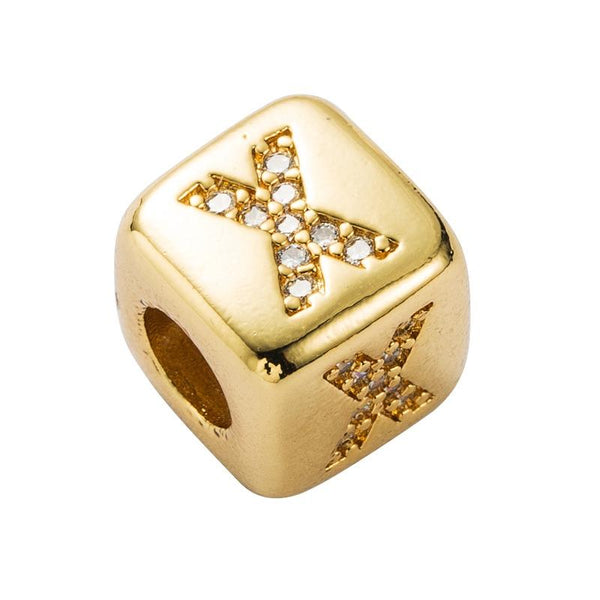 Gold Colour Letter Initial Copper Zircon CZ Bead Charm Bracelet Necklace X