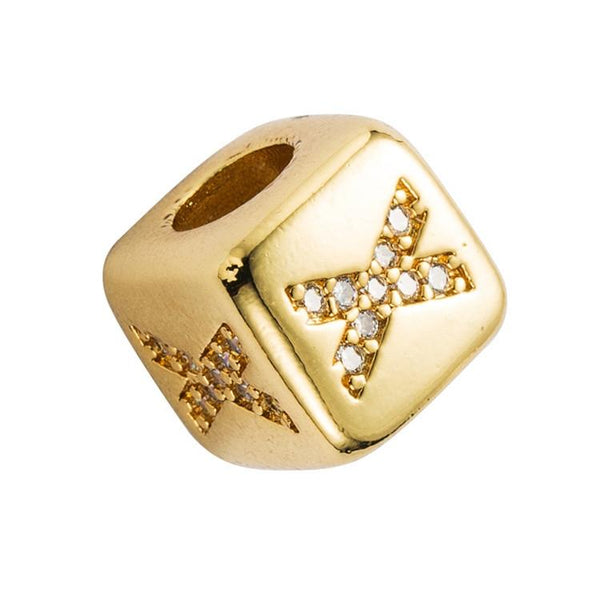 Gold Colour Letter Initial Copper Zircon CZ Bead Charm Bracelet Necklace X