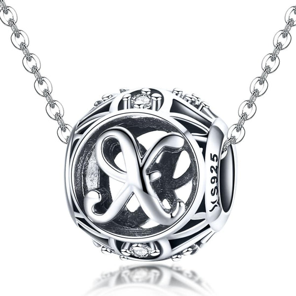 X Initial Letter Sterling Silver Zircon CZ Bead Charm Bracelet Necklace