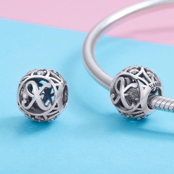 X Initial Letter Sterling Silver Zircon CZ Bead Charm Bracelet Necklace