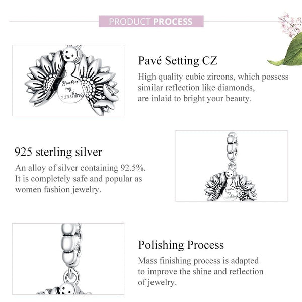 You Are My Sunshine Sunflower Sterling Silver Bead Charm Bracelet Necklace