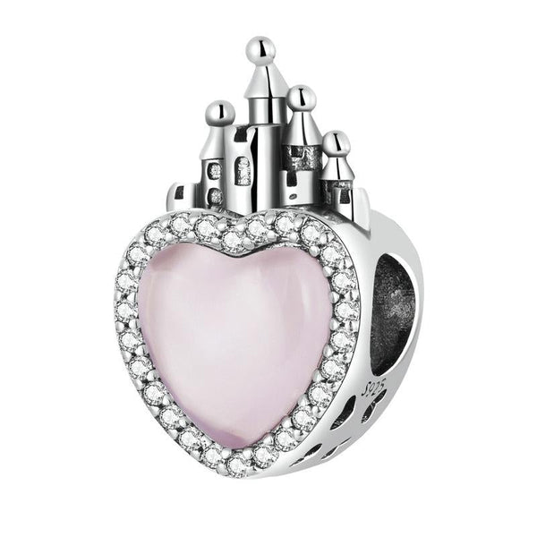 Pink Heart Castle Enamel Sterling Silver Bead Charm Bracelet Necklace Pendant