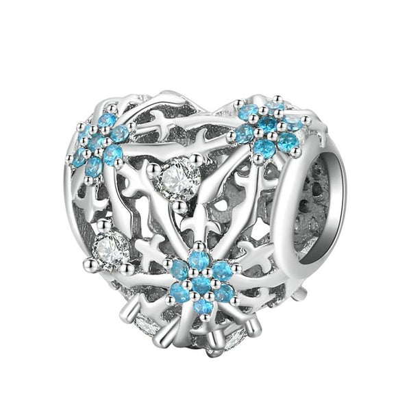 Winter Snowflake Heart Sterling Silver Zircon CZ Bead Charm Bracelet Necklace
