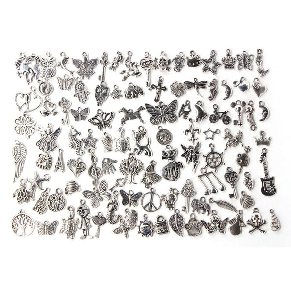 100 Pcs Mixed Antique Silver Bracelet Charms DIY Fashion Jewelry