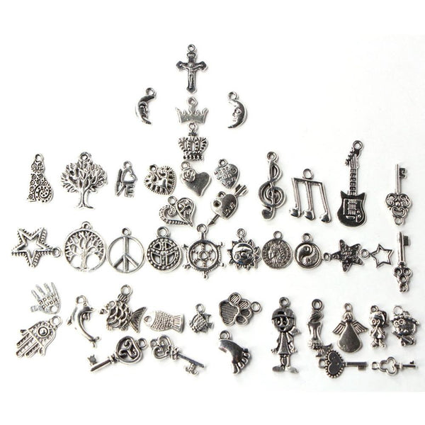 100 Pcs Mixed Antique Silver Bracelet Charms DIY Fashion Jewelry