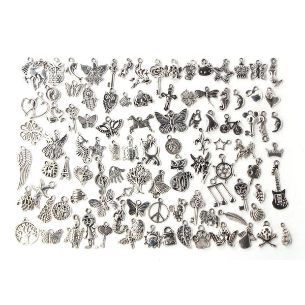 100 Pcs Mixed Antique Silver Bracelet Charms DIY Fashion Jewelry
