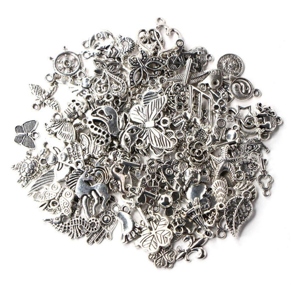 100 Pcs Mixed Antique Silver Bracelet Charms DIY Fashion Jewelry