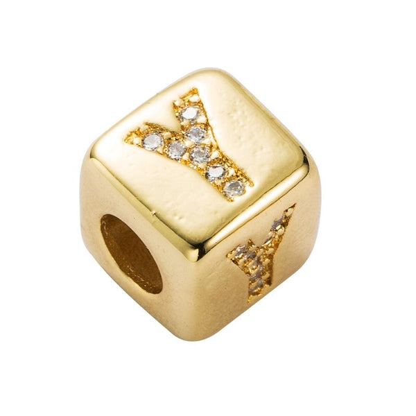 Gold Colour Letter Initial Copper Zircon CZ Bead Charm Bracelet Necklace Y