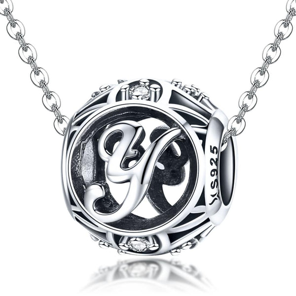 Y Initial Letter Sterling Silver Zircon CZ Bead Charm Bracelet Necklace