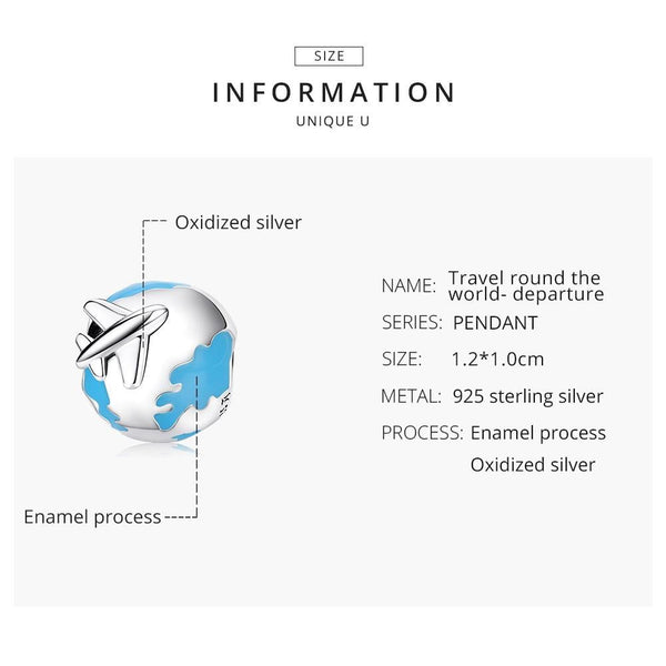 World Travel Aeroplane Enamel Sterling Silver Bead Charm Bracelet Necklace