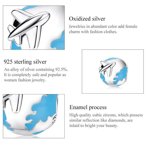 World Travel Aeroplane Enamel Sterling Silver Bead Charm Bracelet Necklace