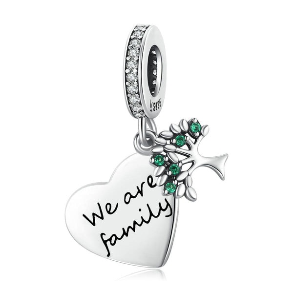 We Are Family Heart Tree Sterling Silver Zircon CZ Bead Charm Bracelet Necklace