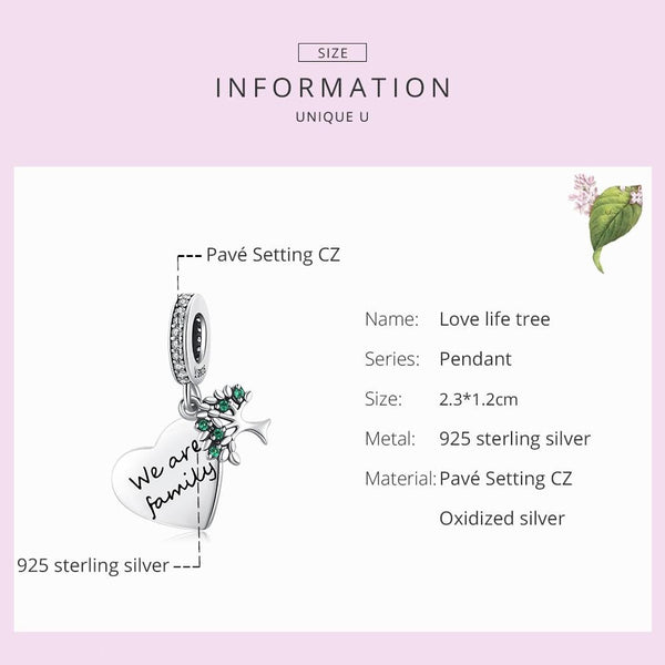 We Are Family Heart Tree Sterling Silver Zircon CZ Bead Charm Bracelet Necklace